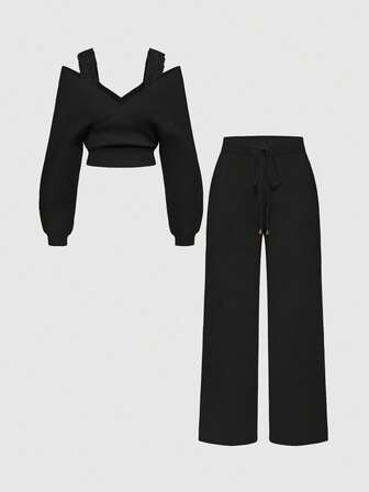 Kawaii 1 set Femme Bretelles d'épaule Col en V Dentelle Bretelles Pantalon ample à jambes larges Tricot confortable Deux pièces