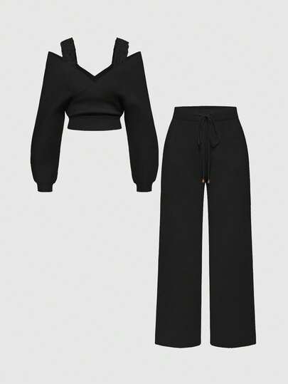 Kawaii 1 set Femme Bretelles d'épaule Col en V Dentelle Bretelles Pantalon ample à jambes larges Tricot confortable Deux pièces