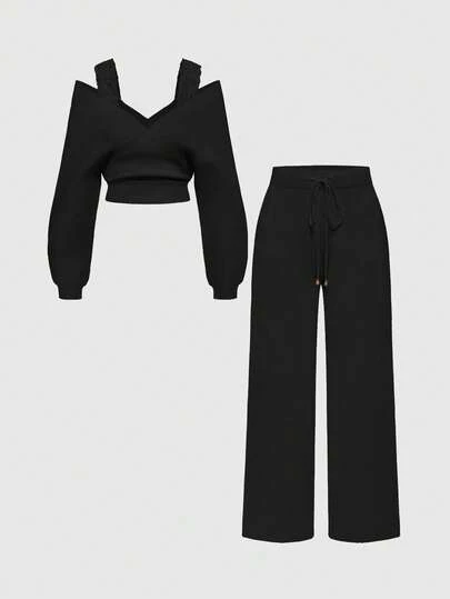 ROMWE Kawaii Plus Size Autumn/Winter Lace Patchwork Off-Shoulder Soft Knit Sweater Set