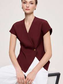 BizChic 2025 Autumn/Winter New Red Asymmetrical Cut Oblique Placket Single-Breasted Metal Button Decor Wide Shoulder Women's Top, Modern Elegant Fashion Business Casual Office Wear, Vintage Chic VersatilAll-Matchic Romantic Suitable For Formal Occasions, Party, Beach, Wedding, Guest, Host, Brunch, Airport, National Day, New Year, Christmas, Thanksgiving, Casual Outerwear Shirt