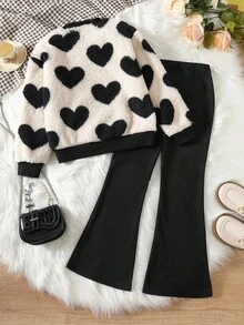 Genkimix Kids 女童可爱心形图案蓬松长袖圆领上衣搭配黑色喇叭裤T恤套装