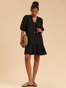 Travachic Women's Solid Color Hollow Out Short Sleeve Dress, Black Lace Dress, French Style Dress With Puff Sleeve, Christmas Party Clothes, New Year Look, Thanksgiving Outfits, Elegant Dresses Party, Luxury Evening Dresses For Weddings, Sexy Club Outfits, Black Lace Sleeve Dress, Puff Sleeve Dress