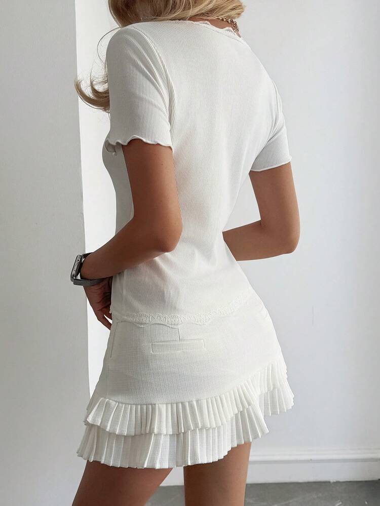Women's Lace Frill Trim Fitted Short Sleeve Elegant T-Shirt Long Sleeve Top