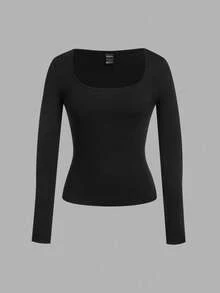 SHEIN EZwear 黑色與酒紅色女款 2 件組方領修身長袖休閒 T 恤套裝，秋冬款 - 彩色 - 查看 4