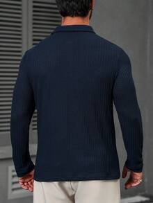 Manfinity Homme Men's Solid Color Ribbed Long Sleeve Polo Shirt,Navy Blue Autumn Casual Hiking Buttoned Knitted Tops - Blue - View 2