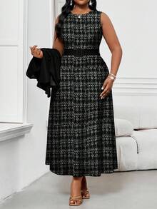 SHEIN Lady New Year Elegant Thanksgiving New Year Black Plus Size Women Elegant Plaid Print Sleeveless Buckle Belted Dress And Jacket 2 Piece Set - Black and White - View 4