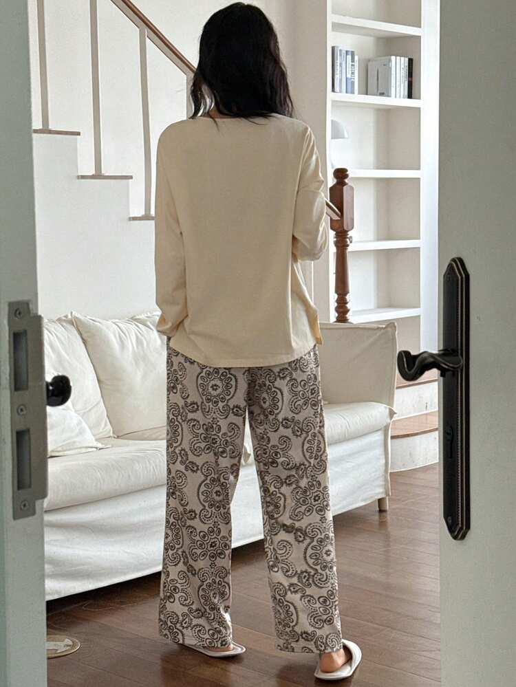 Women's Solid Color Top & Patterned Allover Print Pajama Pants Set, Autumn/Winter
