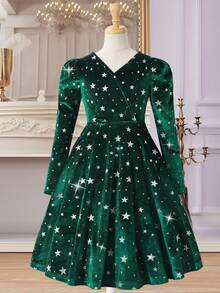 女孩休闲优雅百搭 V 领连衣裙，带有散落的银色工艺、星星图案，背面有银色蝴蝶结，适合派对、郊游、散步、通勤，可搭配夹克、外套 - 綠色 - 查看 2