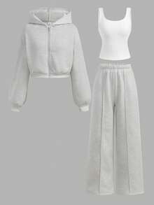 Girlism Conjunto casual de chica adolescente con sudadera con capucha de manga larga y cremallera de unicolor, top de tirantes de unicolor y pantalones de pierna ancha, otoño/invierno