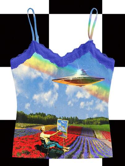 Y2Kool Dynamodoh Camiseta sin mangas con escote en V y ribete de encaje, de estilo casual y chic de la calle, con estampado surrealista de nave espacial, luna, campo y arcoíris, adecuada para fiestas de otoño/invierno, vacaciones, reuniones y uso diario. Top de arcoíris, tops de rave, top de ovni, tops estéticos