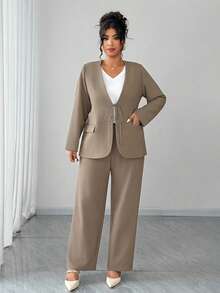 Dazy Plus Conjunto de terno casual feminino plus size, 2 peças, blazer e calça de manga comprida com design de gravata, primavera/outono - Caqui - Ver 7