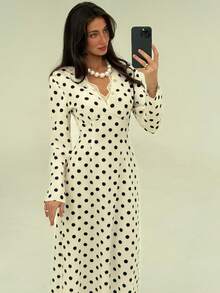 Aloruh Women's New Vintage Polka Dot Sexy Deep V Lace Decor Long Sleeve Autumn/Winter Base Layer Party Everyday Versatile Dress,Dresses For Women Elegant