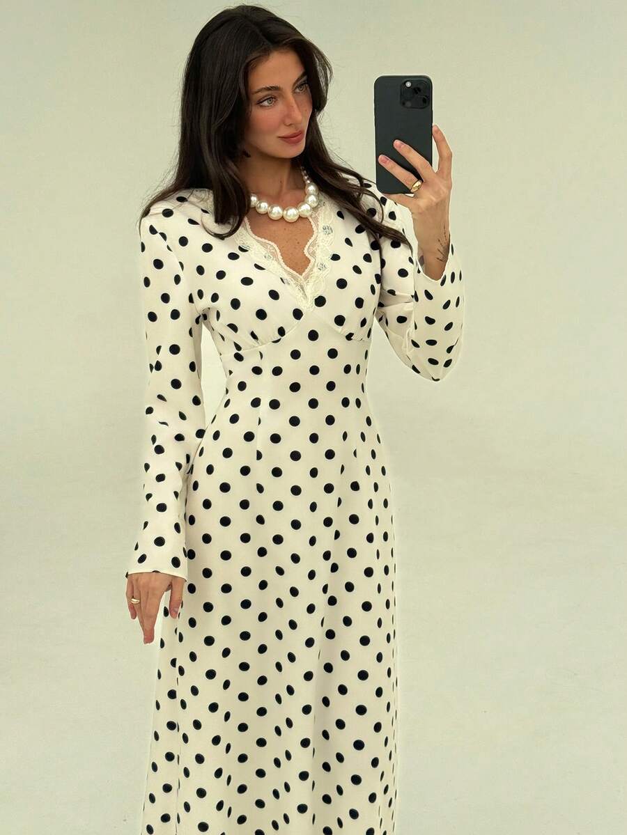 Aloruh Women's New Vintage Polka Dot Sexy Deep V Lace Decor Long Sleeve Autumn/Winter Base Layer Party Everyday Versatile Dress,Dresses For Women Elegant