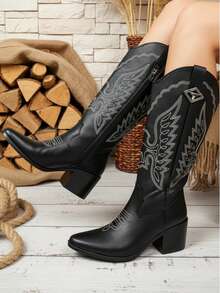 Botas Vaqueras Botas Western Botas Estilo Vaquero Bordado vaquero de aguila con ringle cómodas y resistentes tacón bajo y ancho suela antideslizante - Negro - Ver 2