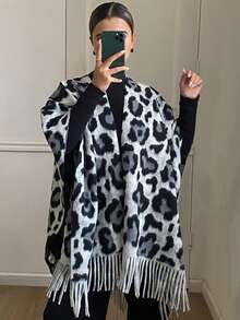 DAZY 豹纹流苏边宽松休闲优雅针织开衫女士秋冬背心 - 灰色 - 查看 4
