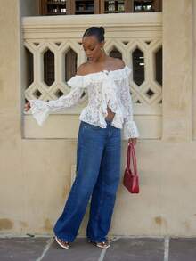 Yess Loren Women Summer Vacation Casual Open Front Ruffle Trim Off Shoulder Long Sleeve Sheer White Lace Blouse - White - View 5