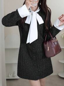 FRIFUL Đầm ngắn dáng rộng màu đen cổ bẻ thắt nơ cho nữ, dáng chữ H tôn dáng, đa năng, thu/đông - màu đen - Xem 3