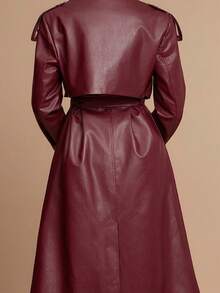 Silquee 女式纯色翻领长袖双排扣 PU 皮革宽松风衣 - 酒紅色 - 查看 7