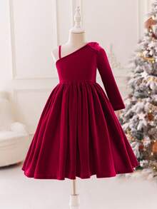 Glamorique Kids Young Girls Elegant Charming Cute Wine Red Single Sleeve Bowknot Waist Slim Velvet Flared Dress - Burgundy - View 1