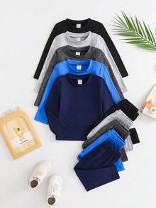 SHEIN Playful Pals 10 chiếc/Bộ Đồ Bé Trai Màu Trơn Áo Phông Và Quần Casual Xuân Thu Tay Dài - Nhiều màu - Xem 1