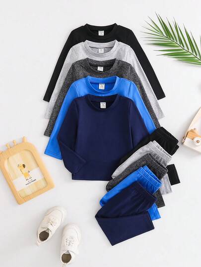 SHEIN Playful Pals 10pcs/Set Baby Boys' Solid Color Casual Tops And Pants Outfits, Versatile Fashion, Suitable For Spring And Autumn Boy Long Sleeve Set Baby Boy Casual Set Baby Boy Top Bottom Sets