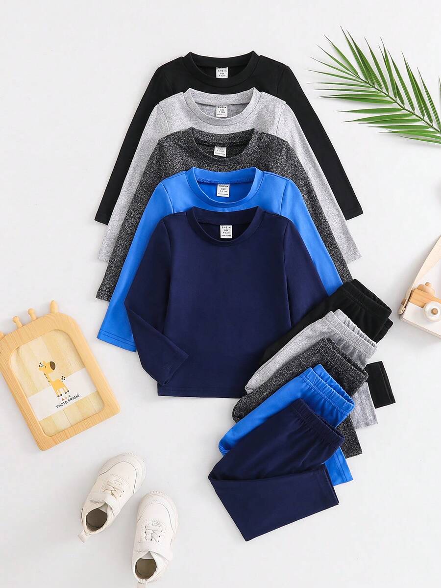 SHEIN Playful Pals 10 chiếc/Bộ Đồ Bé Trai Màu Trơn Áo Phông Và Quần Casual Xuân Thu Tay Dài - Nhiều màu - Xem 1
