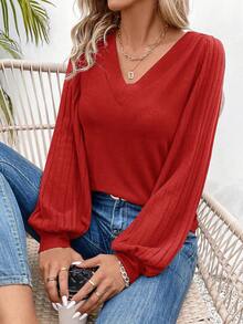EMERY ROSE 女式纯色V领罗纹休闲百搭长袖T恤 - 紅色 - 查看 3