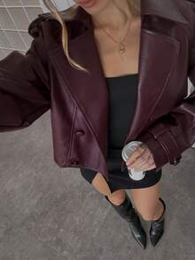 SHEIN BAE Women's Solid-Color Long-Sleeve Zipper Collar Casual PU Leather Trench Coat, Fall Edition Women's Leather Trench Coat, Burgundy Leather Trench Coat Loose-Fit Leather Jacket, Fall Collection Lychee-Grain Leather - Red Violet - View 8