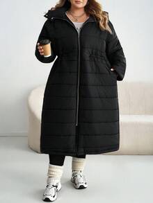SHEIN CURVE+ Abrigo largo con capucha grueso de invierno para tallas grandes Shine Curve - Negro - Ver 7