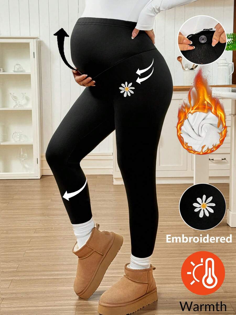 SHEIN 秋季、秋冬季、孕妇装 秋冬孕妇装 雏菊印花 可调节腰围 保暖内衬 休闲打底裤 孕妇打底裤 孕妇裤 孕妇加大码打底裤 - 黑色 - 查看 1
