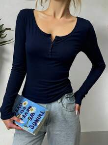 Teen Girls Striped Half Zip Casual Minimalist Knit Long Sleeve T-Shirt, Navy Blue