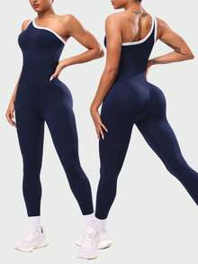 Seamluxe SHEIN Sport Nahtloser, sexy, asymmetrischer, schulterfreier, ärmelloser Lifting-Yoga-Jumpsuit, einteiliger Workout-Jumpsuit, nahtloser Workout-Jumpsuit, marineblauer Workout-Jumpsuit, nahtloser Yoga-Jumpsuit, Workout-Bodysuit, Gym-Jumpsuits