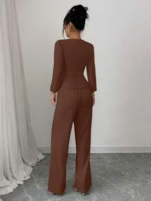Selianne 女士优雅长袖西装外套和裤子套装，商务/通勤风格，适合夏季、独立日、毕业典礼、返校 - 棕色 - 查看 2