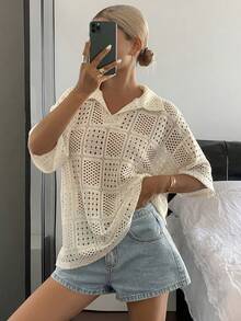 DAZY 女士夏季基本款纹理镂空面料宽松 Polo 领短袖 T 恤