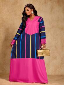 Brilight Vestido elegante y sexy de mujer para primavera y verano, vestido tradicional sudafricano para fiestas y reuniones, vestido con estampado artístico de colores populares a rayas, vestido para sesión de fotos artística, vestido de manga larga para otoño e invierno, ropa de mujer