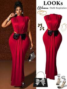 Maweii Plus Size Women's Elegant Color Block Sleeveless Ruched Shoulder Design 3D Bow Decor Party, Christmas, Birthday Dress, Date Night Maxi Dress