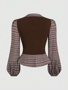 Sweetra Plus Size Women Patchwork Ruffle Hem Elegant Plaid Fitted Shirt - Brown - View 2