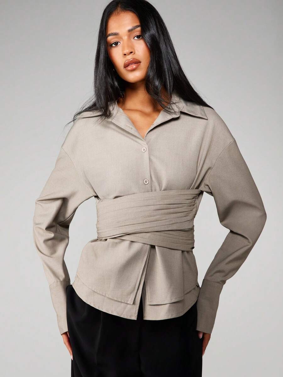 MISSGUIDED Ruched Cross Over Panel Collared Button Down Blouse With Tie Waist Belt Long Sleeve Office