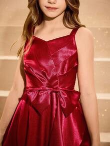 青少年女孩优雅迷人红色缎面 V 领束腰可爱蝴蝶结荷叶边下摆连衣裙，正式礼服 - 紅色 - 查看 8