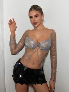 EgrlEra Top corto de red con strass, adecuado para bar, fiesta, festival de música - Plateado - Ver 6