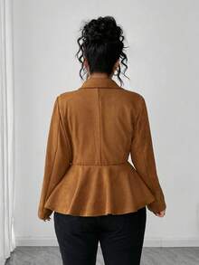 Elenzga Plus Size Women Elegant Lapel Waist Flared Solid Color Faux Suede Autumn/Winter Blazer - Brown - View 3