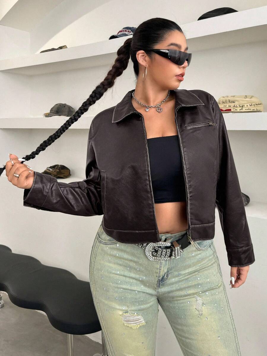 SHEIN EZwear Plus Size Vintage Distressed PU Contrast Stripe Zipper Casual Jacket, Autumn Winter Brown Leather Jacket Women Y2k Jacket Women Brown Jacket Motorcycle Women Cropped Leather Jacket - Brown - View 1