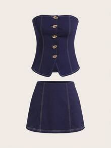 SHEIN PETITE 女士夏季两件套 | 办公室休闲贝壳设计与节日服装 | 波西米亚风吊带背心和迷你裙套装 | 海滩到早午餐服装 | 金属贝壳纽扣工作服必备单品 | 2025 夏季系列 - 藏蓝色 - 查看 8