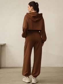 Modelyn 2件套女式休闲连帽拉链收腰长袖运动衫和慢跑裤套装 - 棕色 - 查看 6