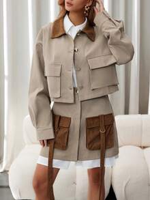 SHEIN Unity Versatile Double Pocket Short Workwear Top Autumn Winter Women - Khaki - View 1