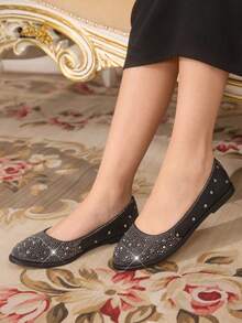 CUCCOO TILAWA Women's Round Toe Rhinestone Embellished Flat Slip-On Shoes - Black - View 1