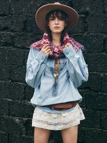 Bohemela 休闲梭织牛仔条纹拼接宽松女式衬衫 - 藍色 - 查看 7