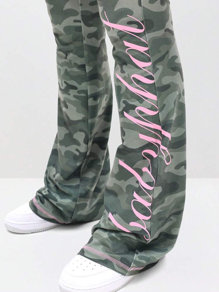 BABYPHAT Fold Over Waist Flare Leggings With Camouflage Print And