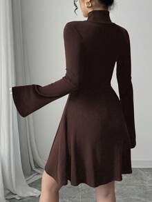 Elenzga Women's Casual Mid-Length Dress, Long Sleeve, Faux Shirt Collar, Half-Placket, Pockets, Contrast Color Splicing On Sleeves And Hem, Beige & White