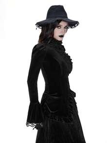 Breakform 女式中世纪宫廷哥特式派对复古蕾丝拼布高领泡泡袖喇叭袖口不对称下摆纽扣前腰修身天鹅绒上衣 - 黑色 - 查看 3